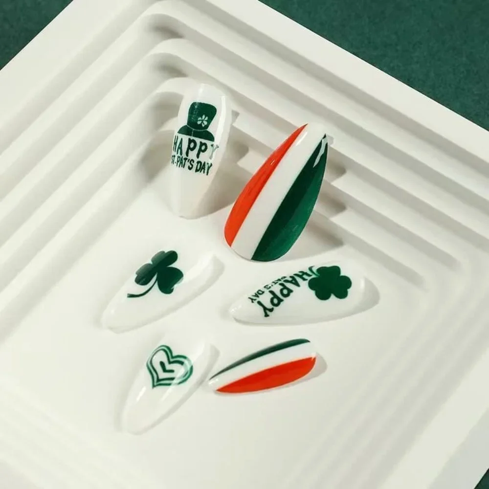 Press on nails 24Pcs Almond Green‎ St. Patrick's Day Non-Toxic Odorless striped